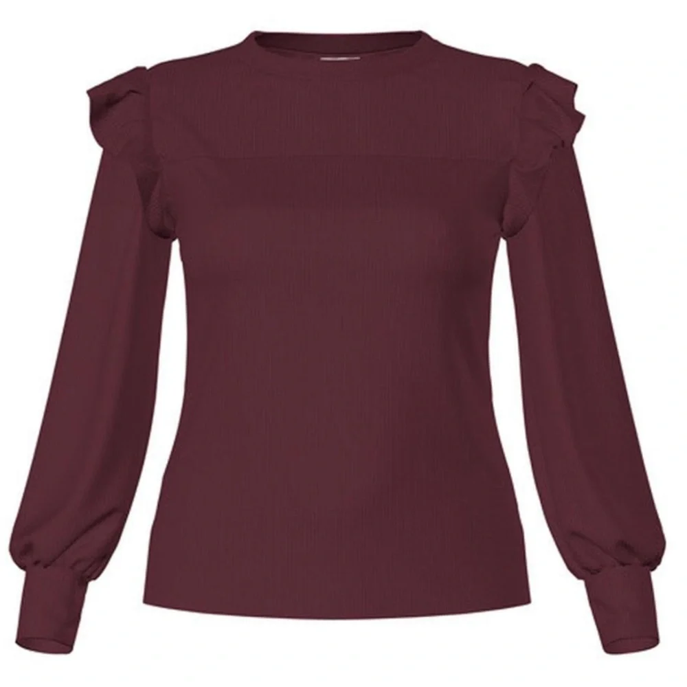 LulaRoe Brielle Ruffle Shoulder Wine Color Long Sleeve Top 2096 - Picture 2 of 3